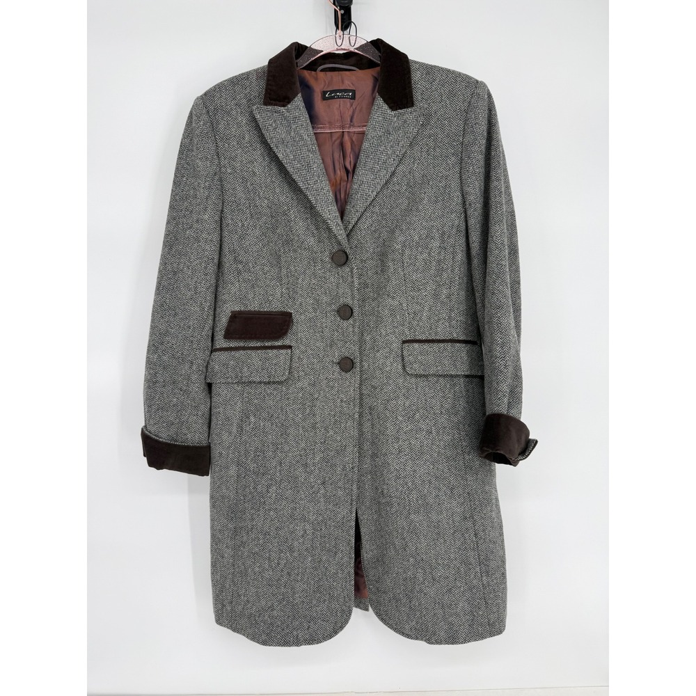 Luca di Firenze Grey Herringbone Wool Coat Velvet Trim Brown Accents Size S/M
